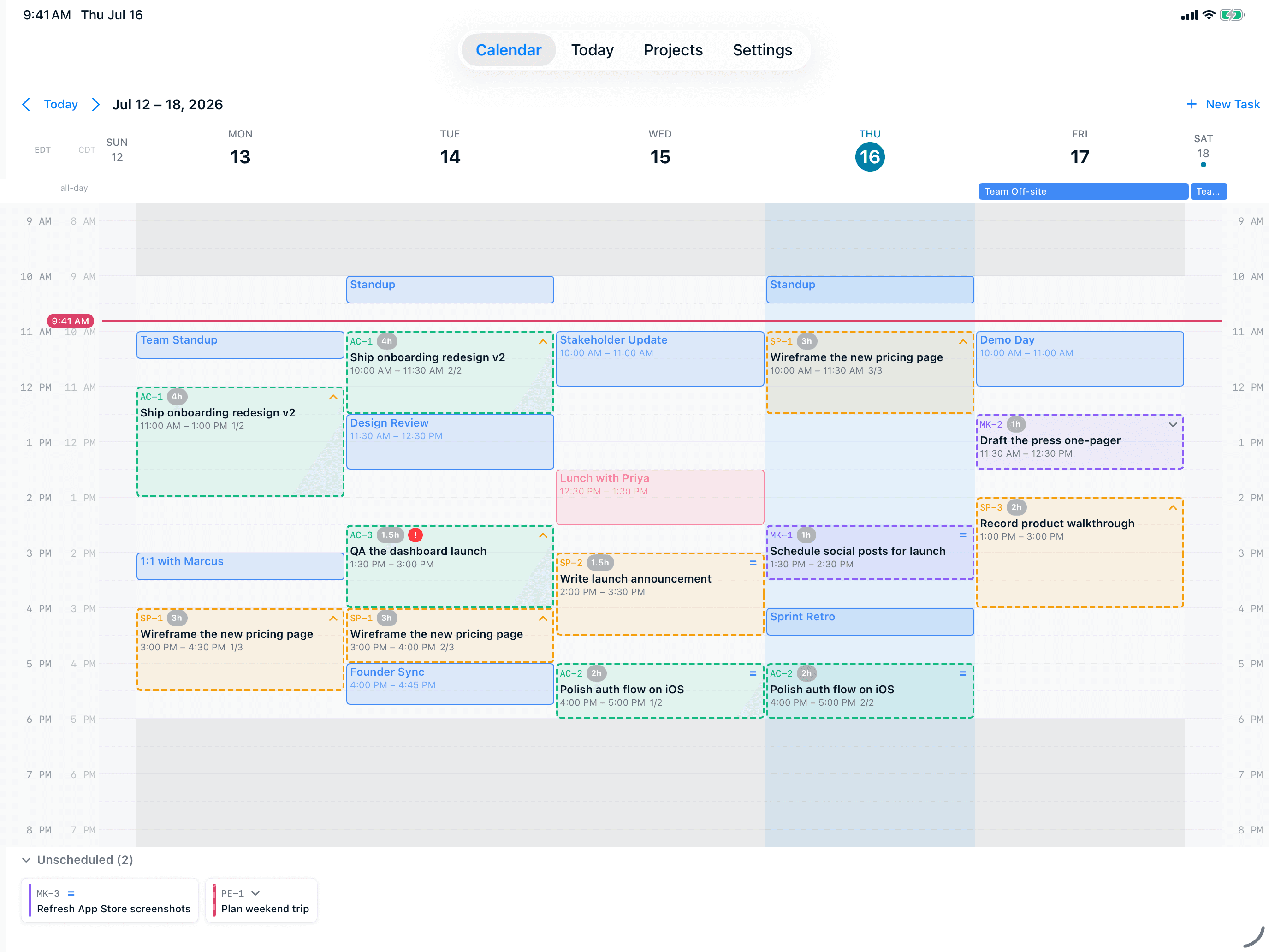 AI Calendar Buddy weekly view with AI-placed task blocks alongside calendar events