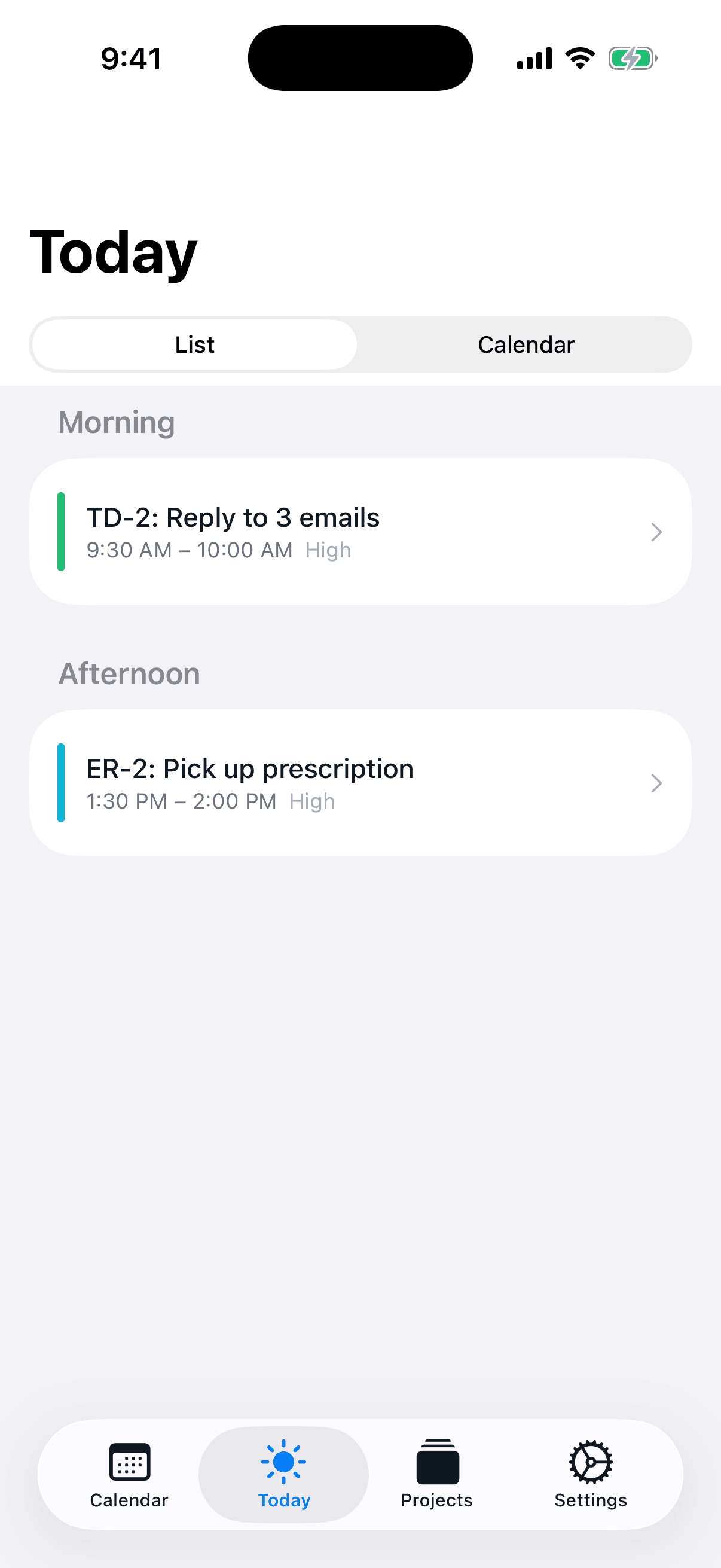 AI Calendar Buddy Today view with short focused tasks tuned for ADHD workflows