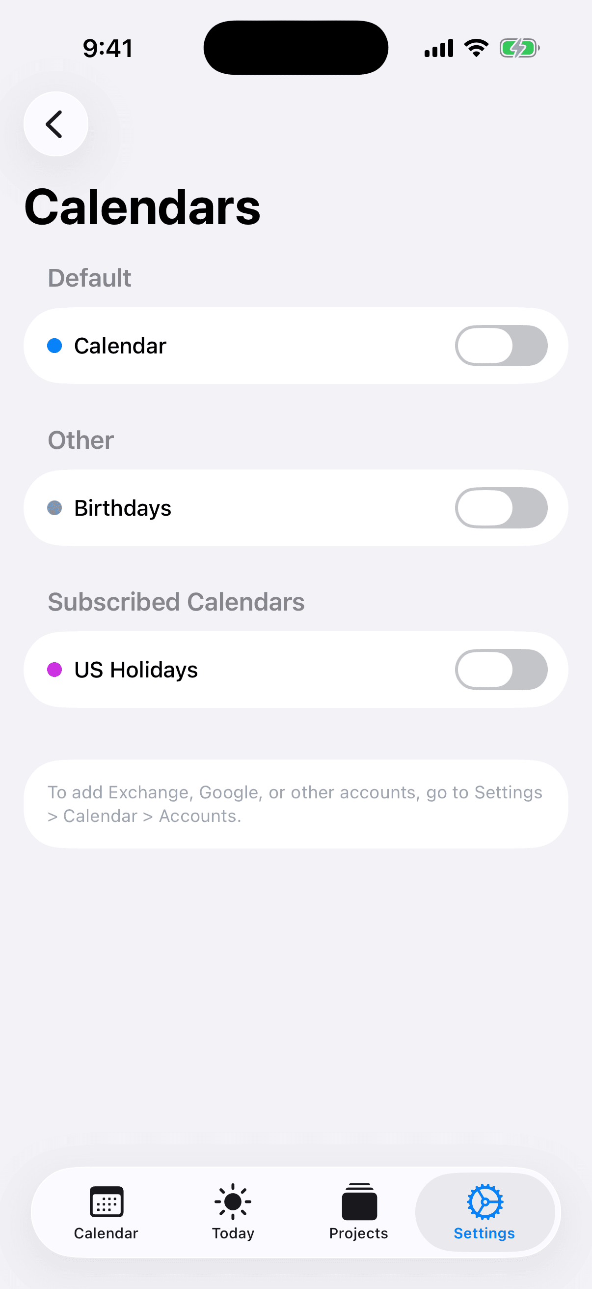 AI Calendar Buddy Settings → Calendars screen with provider toggles per source