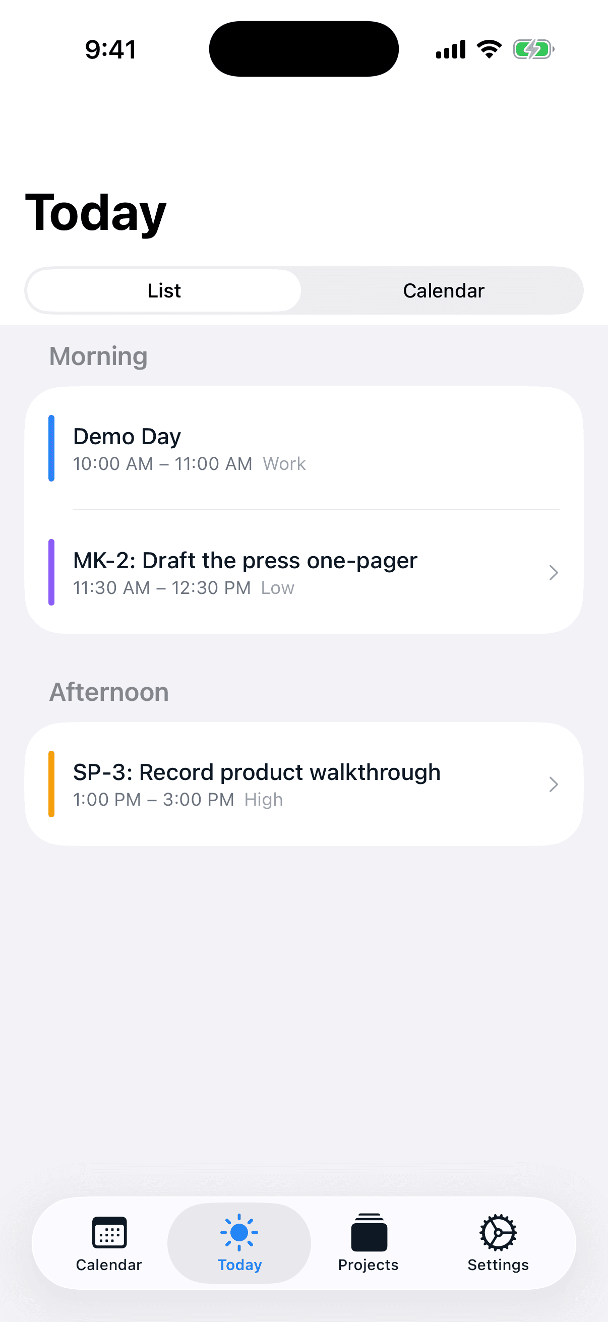 AI Calendar Buddy Today view grouped into morning and afternoon