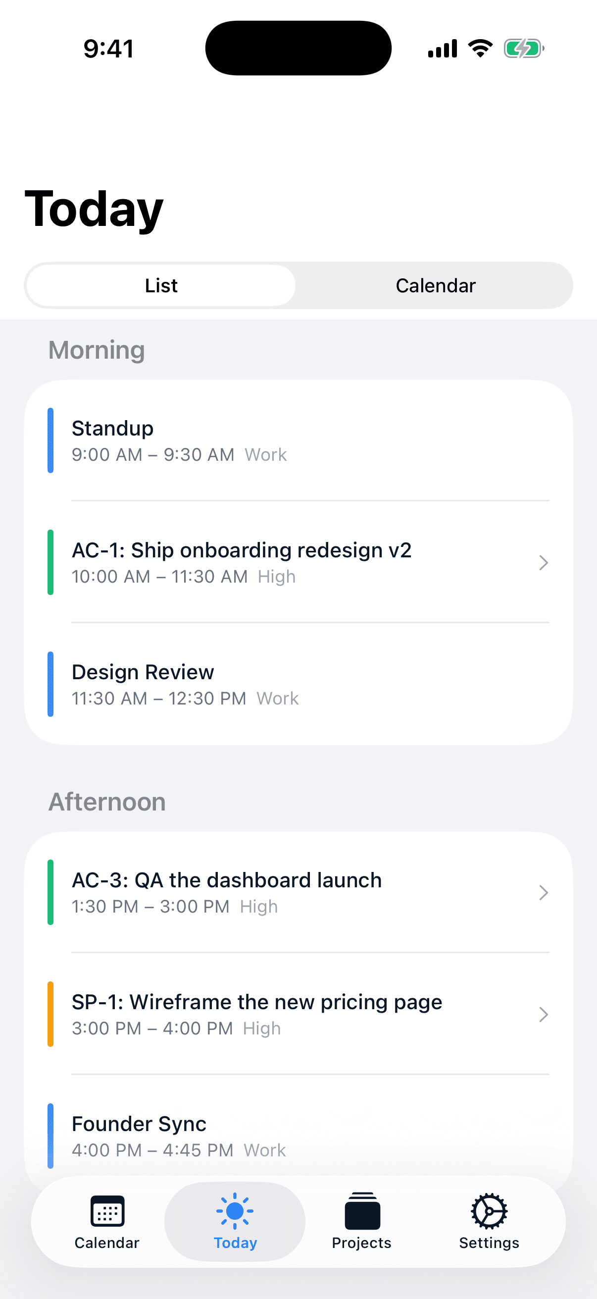 AI Calendar Buddy Today view grouped into morning and afternoon