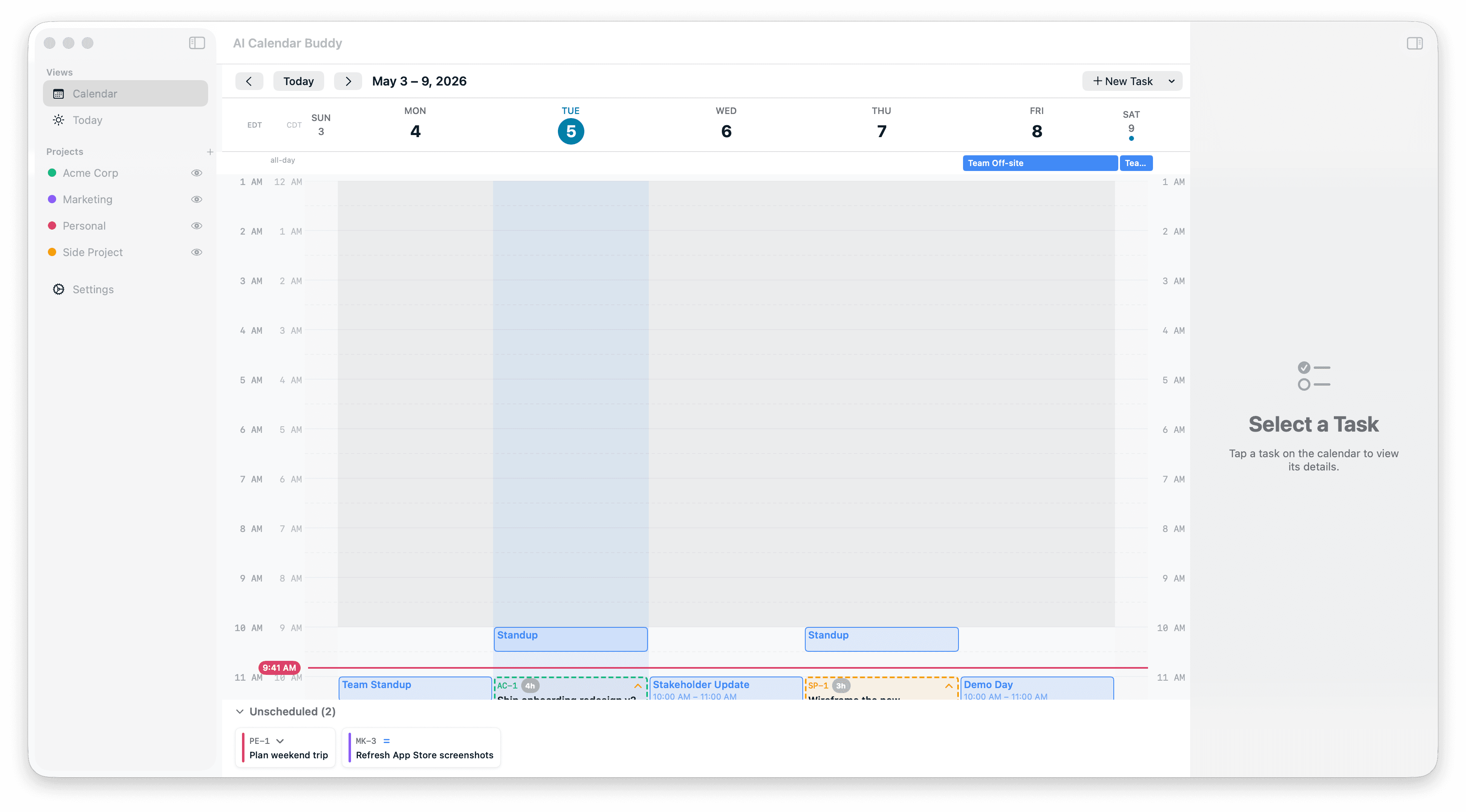 AI Calendar Buddy weekly view on macOS with AI-placed task blocks